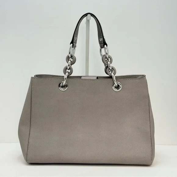 Michael Kors Cynthia Satchel Gray Saffiano Leather Chain Tote MK Charm - Picture 12 of 12